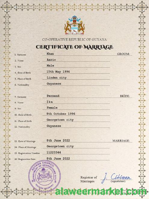 Guyana marriage certificate PSD template