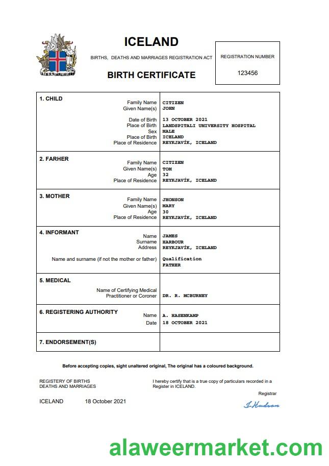 Iceland birth certificate Word and PDF