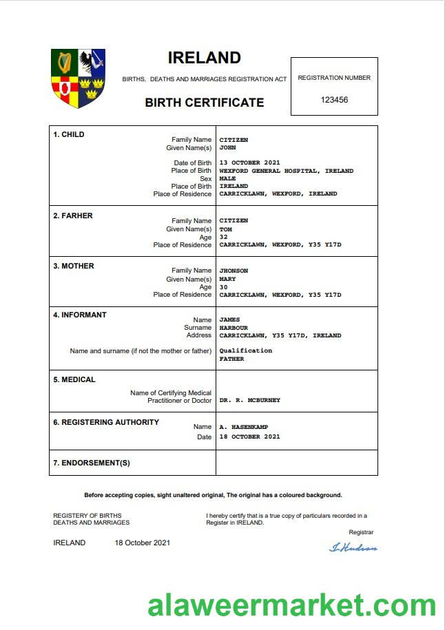 Ireland birth certificate Word and PDF template