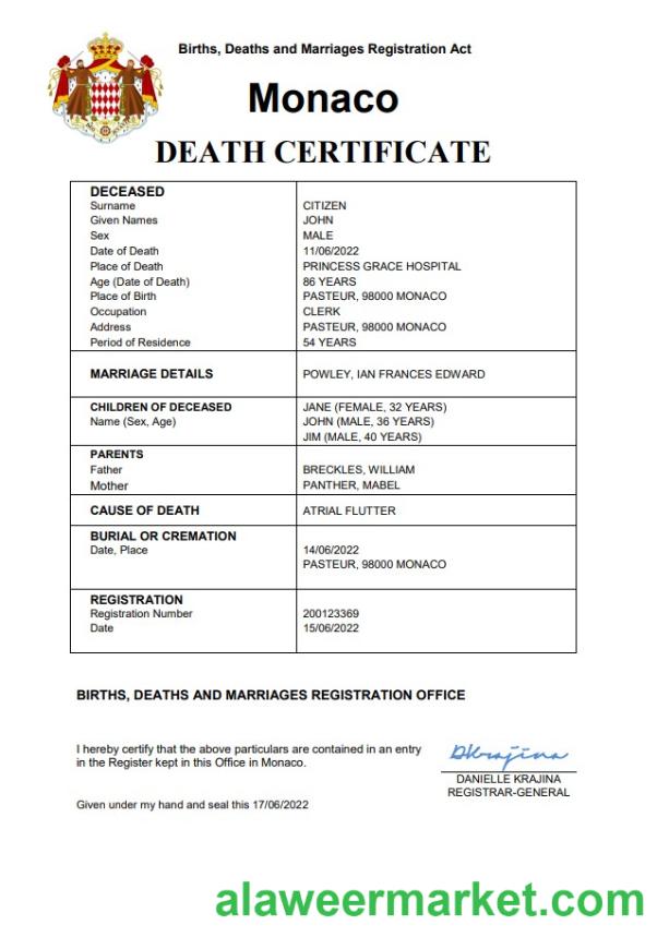 Monaco vital record death certificate Word and PDF template