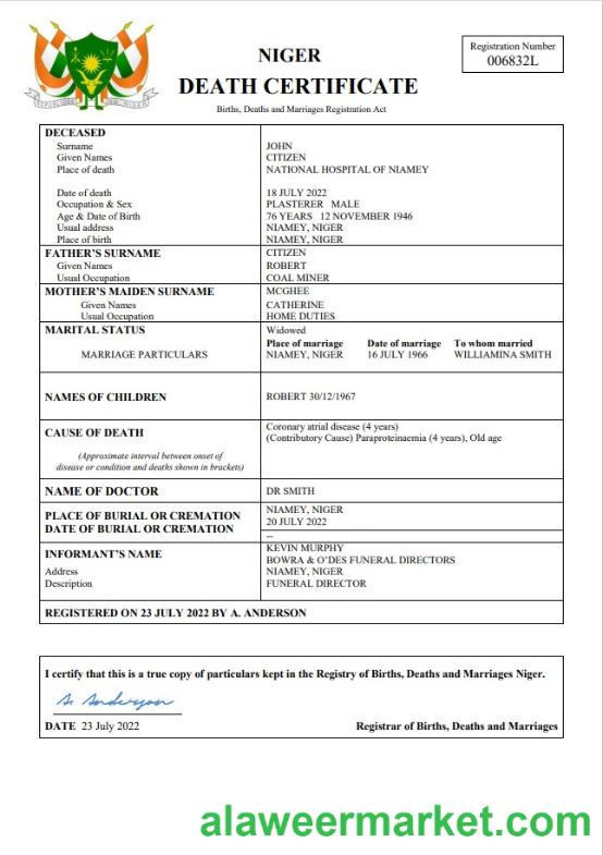Niger death certificate Word and PDF template