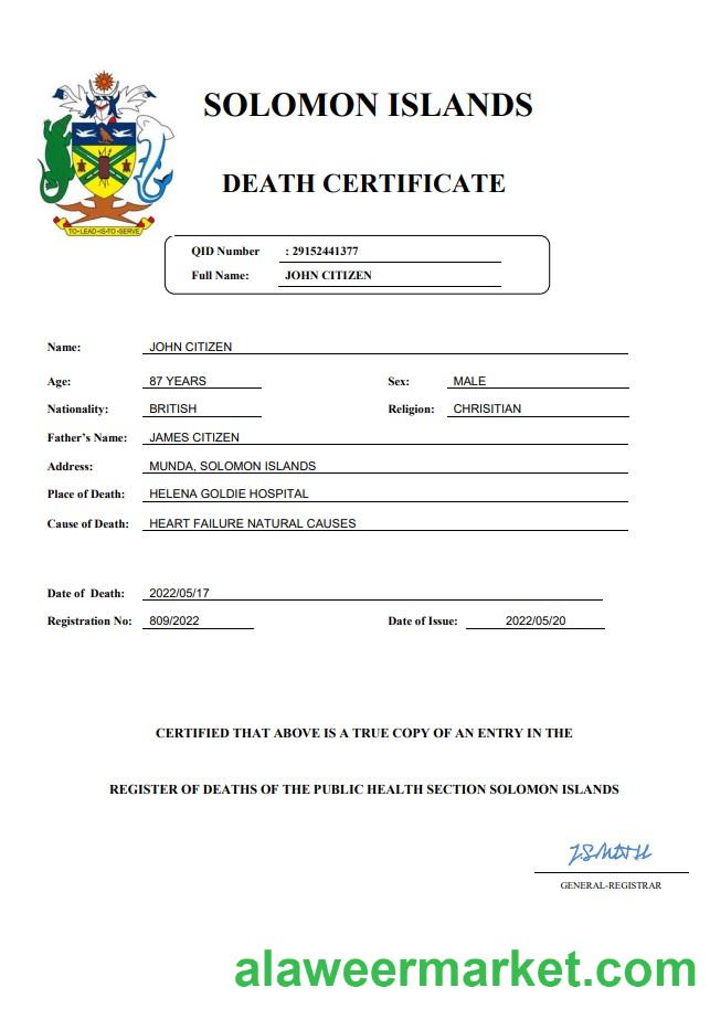 Solomon Islands vital record death certificate Word and PDF template