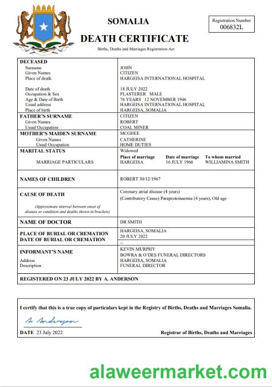 Somalia vital record death certificate Word and PDF template