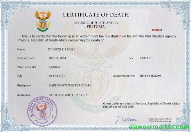 South Africa death certificate PSD template