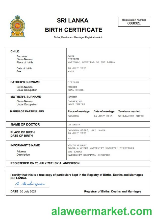 Sri Lanka vital record birth certificate Word and PDF template