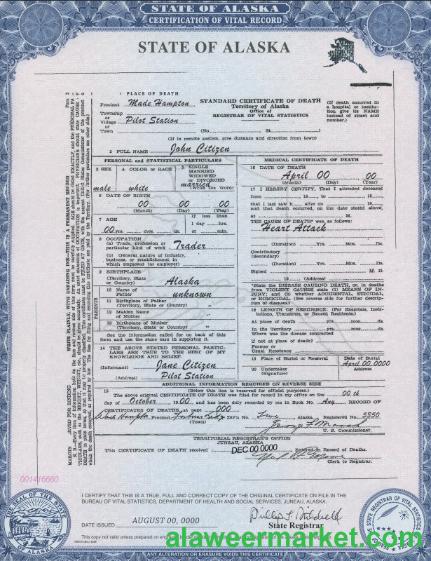 USA Alaska state death certificate template in PSD format