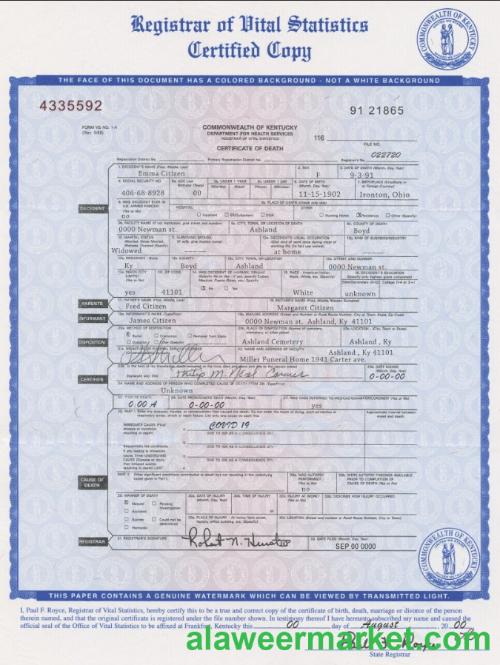 USA Kentucky state death certificate template in PSD format