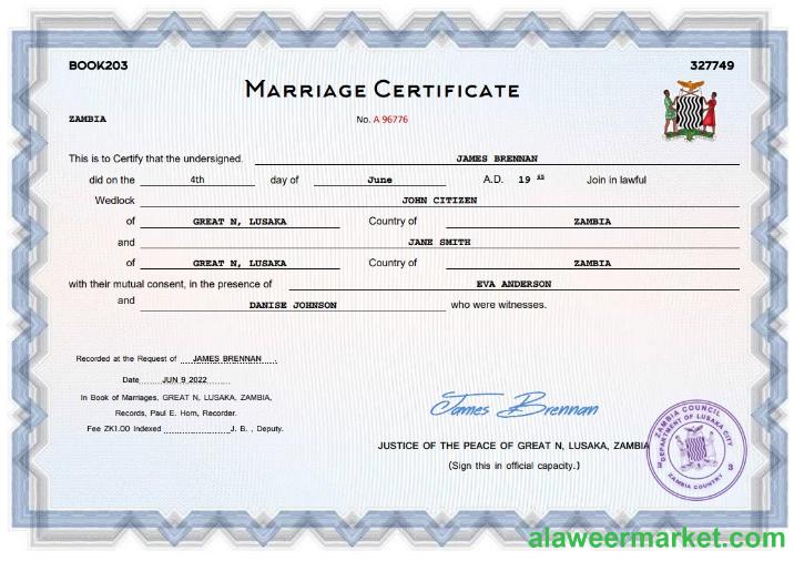 Zambia marriage certificate Word and PDF template