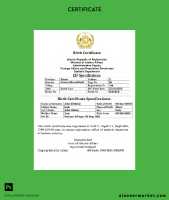 Afganistan vital record birth Sertifika Düzenlenebilir PSD Şablon version 2