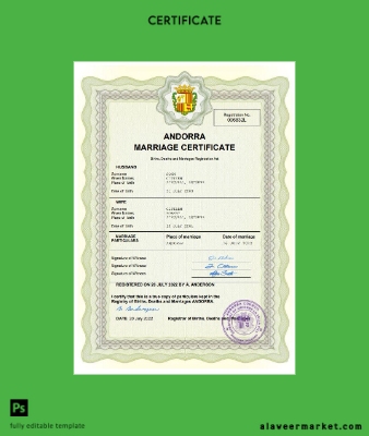 Andorra marriage Sertifika Word and PDF Şablon