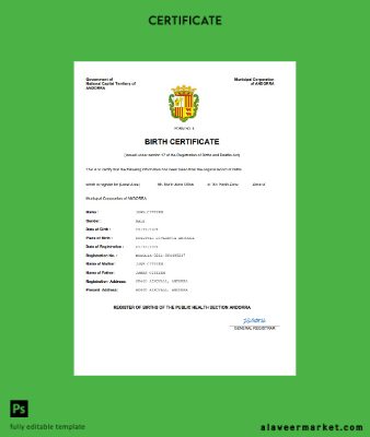Andorra vital record birth Sertifika Word and PDF Şablon