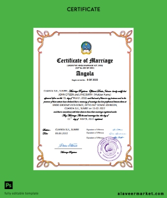 Angola marriage Sertifika Word and PDF Şablon