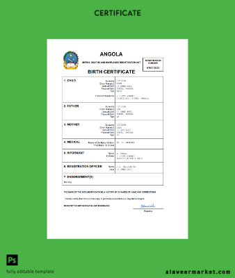 Angola vital record birth Sertifika Word and PDF Şablon