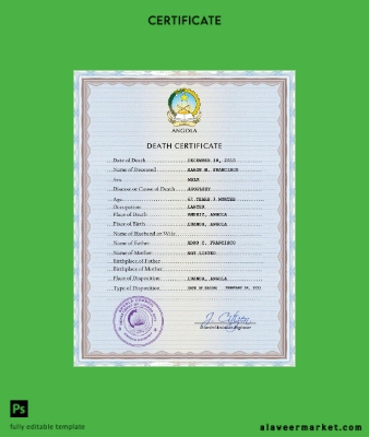 Angola vital record death Sertifika PSD Şablon