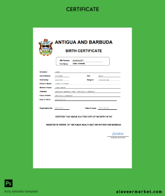 Antigua and Barbuda birth Sertifika Word and PDF Şablon