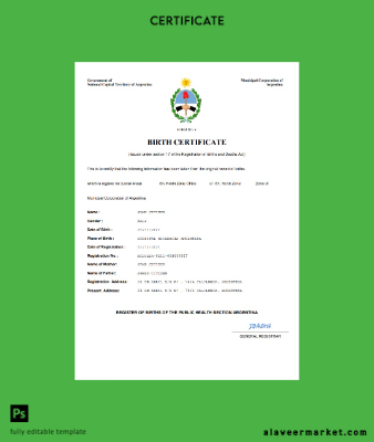 Arjantin birth Sertifika Word and PDF Şablon