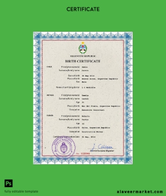 Arjantin vital record birth Sertifika PSD Şablon