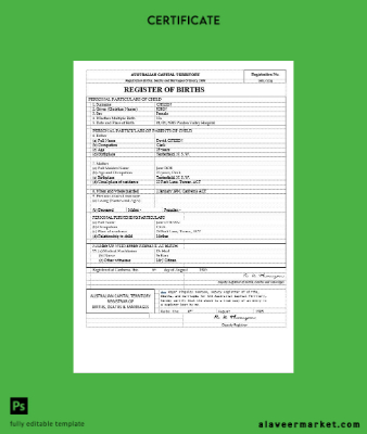 Avustralya Avustralya Capital Territory birth Sertifika Şablon in Word format, version 2