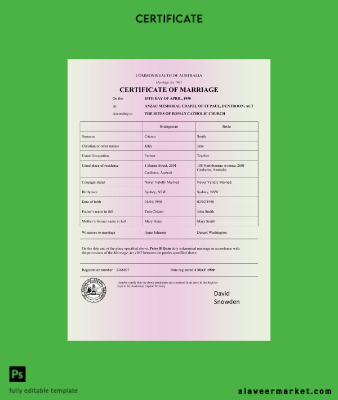 Avustralya Commonwealth of Avustralya marriage Sertifika Word and pdf format