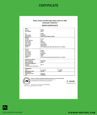 Avustralya Jervis Bay territory birth Sertifika Şablon in Word and PDF format