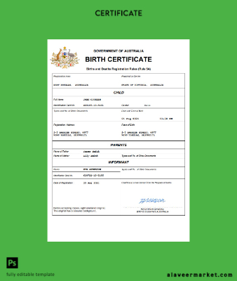 Avustralya vital record birth Sertifika Word and PDF Şablon