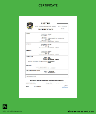 Avusturya vital record birth Sertifika Word and PDF Şablon