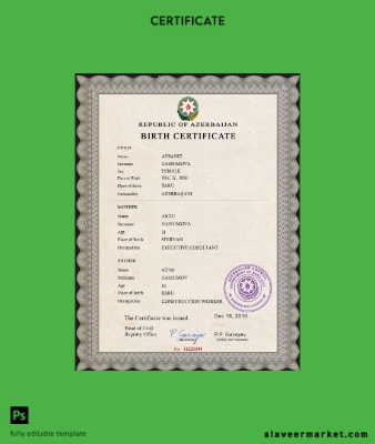 Azerbaycan birth Sertifika PSD Şablon