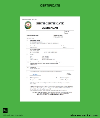 Azerbaycan vital record birth Sertifika Word and PDF Şablon