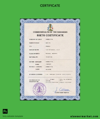 Bahamas vital record birth Sertifika PSD Şablon