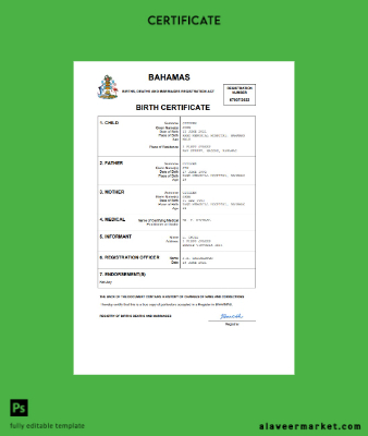 Bahamas vital record birth Sertifika Word and PDF Şablon