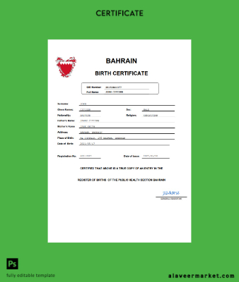 Bahreyn vital record birth Sertifika Word and PDF