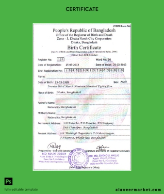 Bangladeş Office of Registrar of births and deaths birth Sertifika
