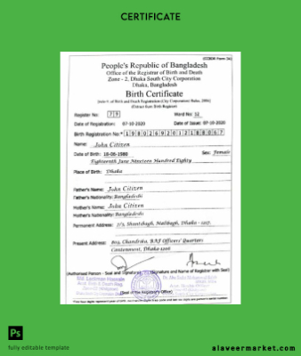 Bangladeş Office of registrar of birth and death birth Sertifika