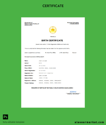 Bangladeş vital record birth Sertifika Word and PDF Şablon