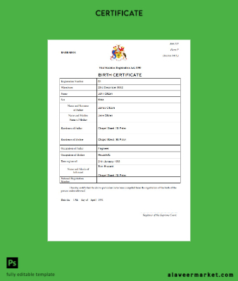 Barbados birth Sertifika Şablon in Word and PDF format