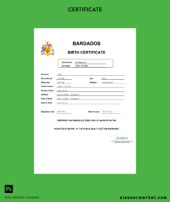 Barbados birth Sertifika Şablon in Word and PDF