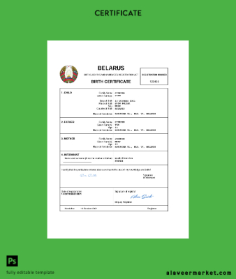 Belarus vital record birth Sertifika Word and PDF Şablon