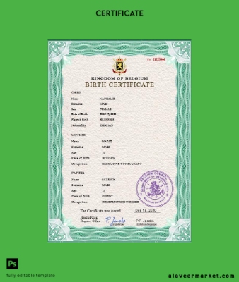 Belçika vital record birth Sertifika PSD Şablon