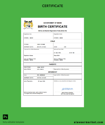 Benin birth Sertifika Word and PDF Şablon