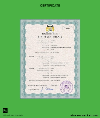 Benin vital record birth Sertifika PSD Şablon