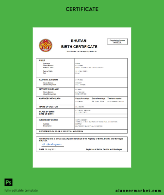 Bhutan vital record birth Sertifika Word and PDF Şablon
