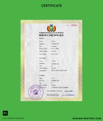 Bolivya vital record birth Sertifika PSD Şablon