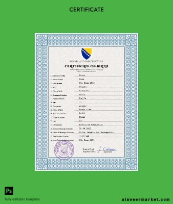 Bosnia and Herzegovina birth Sertifika PSD Şablon