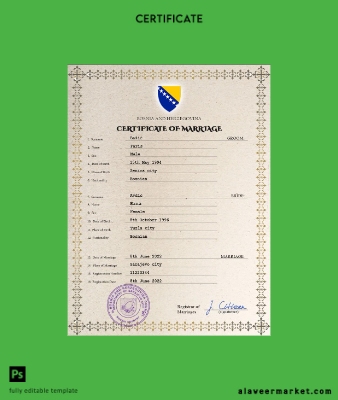 Bosnia and Herzegovina marriage Sertifika PSD Şablon