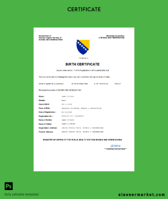 Bosnia and Herzegovina vital record birth Sertifika Word and PDF Şablon