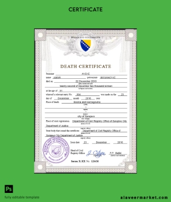 Bosnia and Herzegovina vital record death Sertifika PSD Şablon