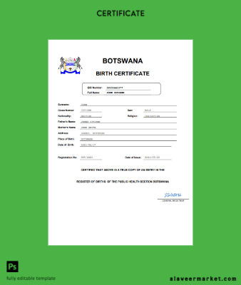 Botswana birth Sertifika Word and PDF Şablon