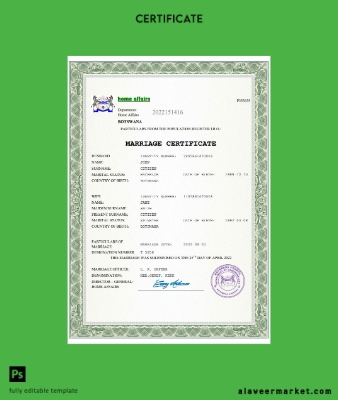 Botswana marriage Sertifika Word and PDF Şablon