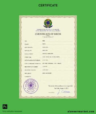 Brezilya vital record birth Sertifika PSD Şablon