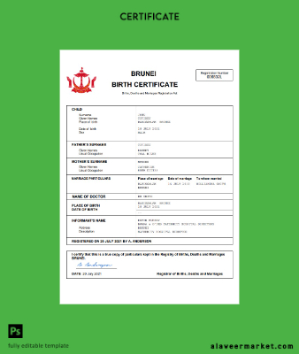 Brunei vital record birth Sertifika Word and PDF Şablon